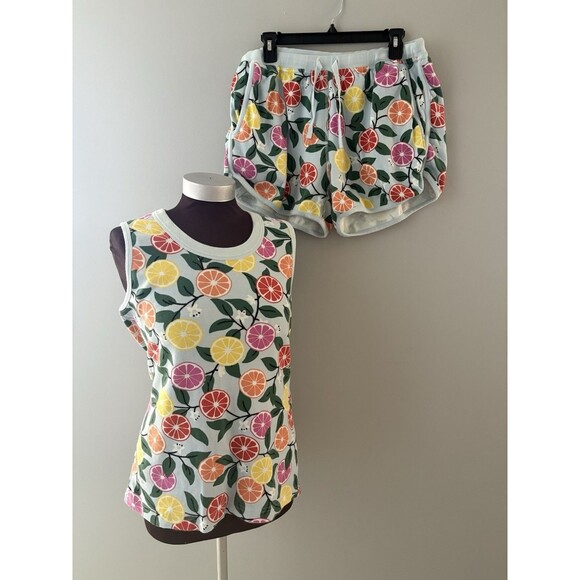 Hanna Andersson 2 Pc Pajama Short Set Size L Blue Sleeveless Cotton Citrus Fruit - Picture 1 of 16
